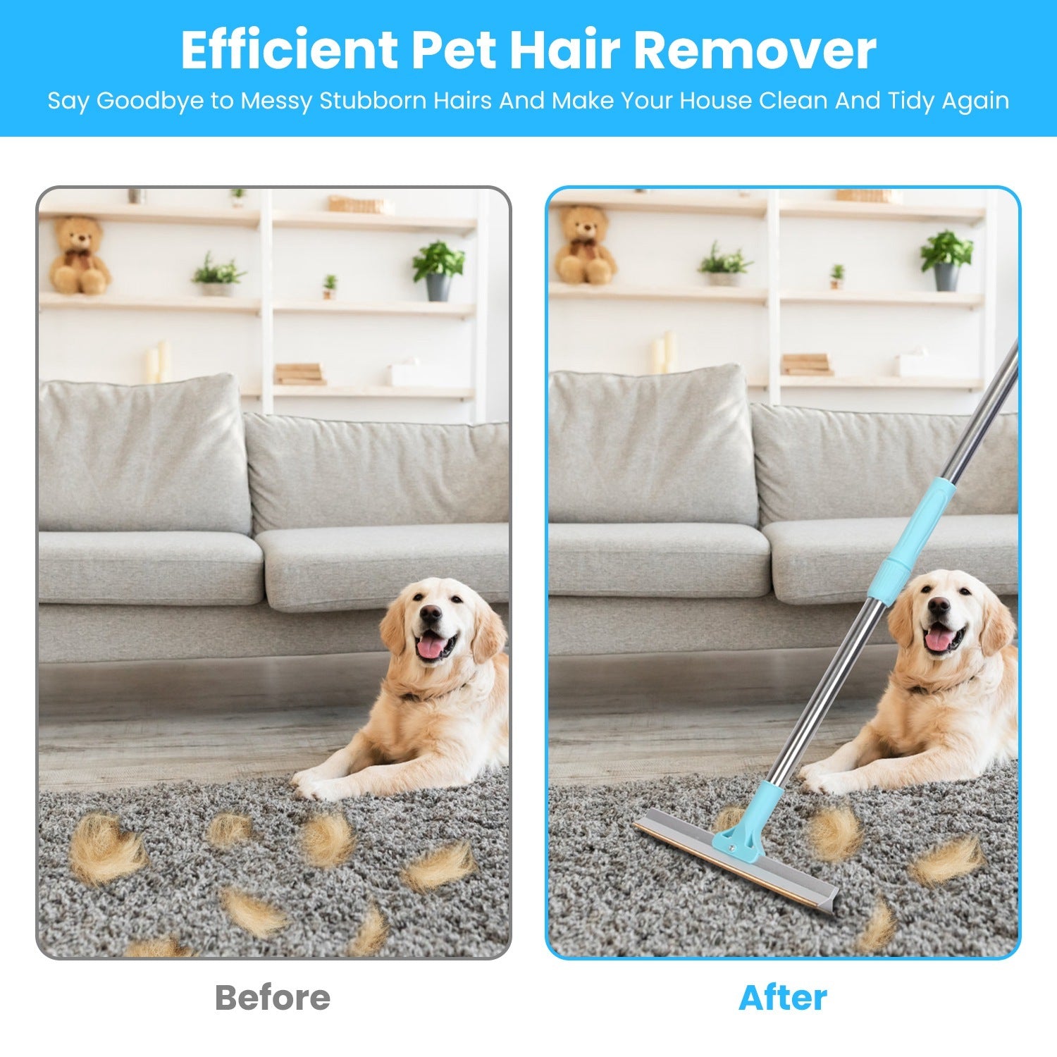 1Pc Pet Hair Removal Rake With 54.33in Adjustable Telescopic Rod Multi-Fabric Dog Cat Hair Scraper Lint Shaver For Carpet Rug Clothes Couch