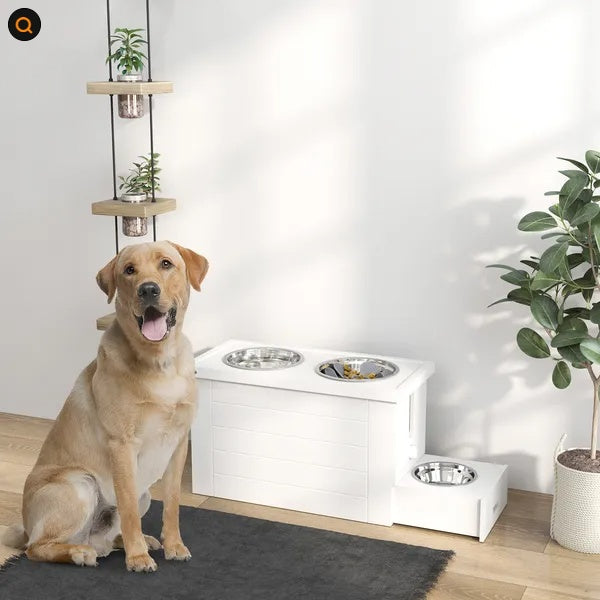 Elevated Dog Bowls With Slow Feeder Mat, Storage Cabinet, 3 Stainless Steel Bowls For Large & Extra Large Dogs, White