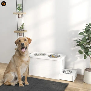 Elevated Dog Bowls With Slow Feeder Mat, Storage Cabinet, 3 Stainless Steel Bowls For Large & Extra Large Dogs, White