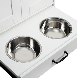 Dog Feeding Station, Dog Food Storage Cabinet With Hidden Dog Bowls, Adjustable Panel, Hooks, For Medium Sized Dogs, White