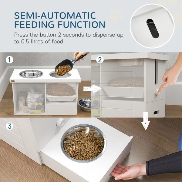 Elevated Dog Bowls With Slow Feeder Mat, Storage Cabinet, 3 Stainless Steel Bowls For Large & Extra Large Dogs, White