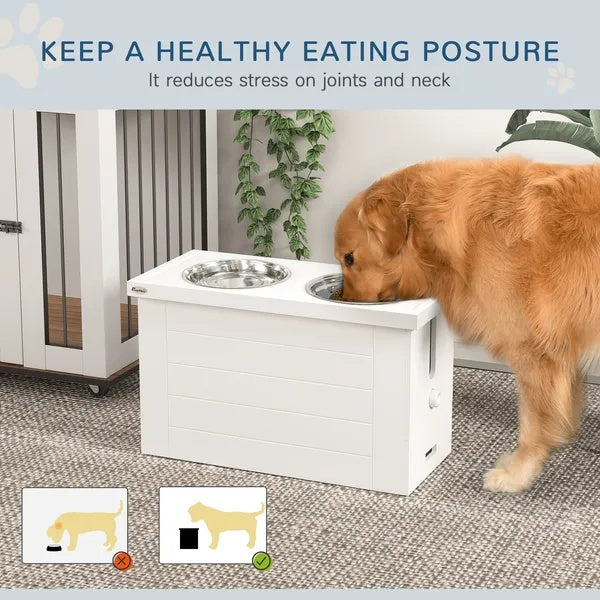 Elevated Dog Bowls With Slow Feeder Mat, Storage Cabinet, 3 Stainless Steel Bowls For Large & Extra Large Dogs, White