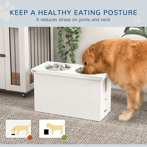 Elevated Dog Bowls With Slow Feeder Mat, Storage Cabinet, 3 Stainless Steel Bowls For Large & Extra Large Dogs, White